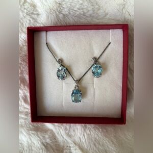 Sterling Silver Blue Topaz Diamond-Accented Oval Pendant & Earring Set